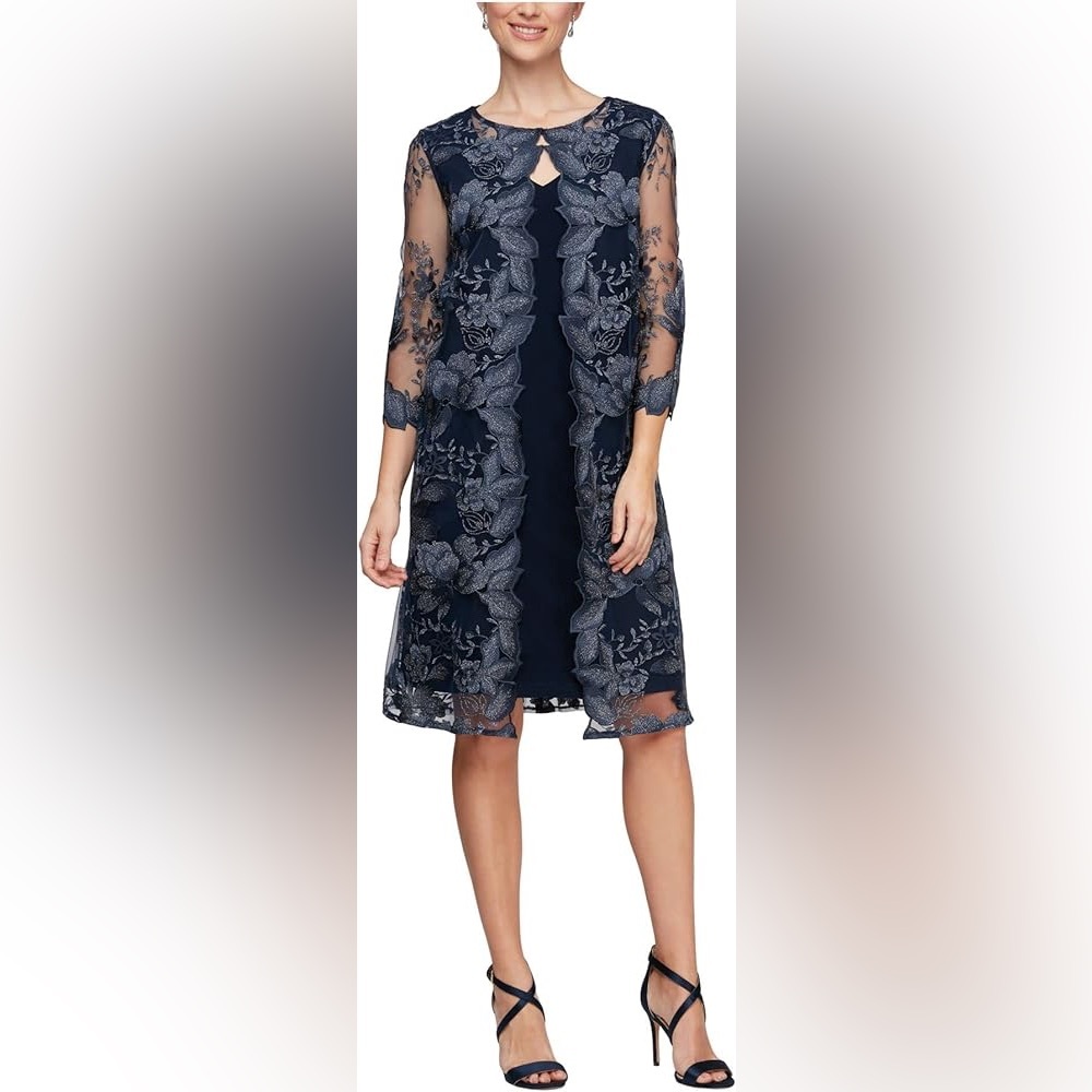Mock Jacket Cocktail Floral Embroidered 3/4 Sleeve Jacket Dress Alex Evenings